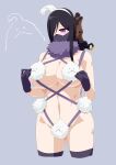 1girl 1girl alluring big_breasts black_hair cleavage gloves kanisuka_rita micro_bikini ohsama_sentai_king-ohger otokam1117 stockings super_sentai veil violet_eyes