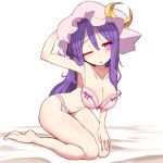  1girl ;o barefoot blush bow bow_bra bow_panties bra breasts cleavage crescent female hand_behind_head hat kneeling kuresento large_breasts long_hair md5_mismatch navel one_eye_closed panties patchouli_knowledge pink_bra pink_panties purple_eyes purple_hair solo touhou underwear underwear_only wink 