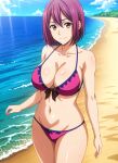 1girl alluring arato_hisako beach big_breasts bikini brown_eyes cleavage joker_(artist) ocean pink_hair shokugeki_no_souma