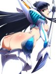  1girl ass black_hair blue_eyes breasts eyebrows highres junketsu katana kill_la_kill kiryuuin_satsuki large_breasts long_hair looking_at_viewer revealing_clothes shiny shiny_skin sideboob simple_background solo sword thighhighs umakatsuhai very_long_hair weapon white_background white_legwear 