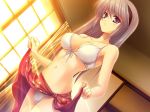  1girl bare_shoulders bikini blue_eyes blush breasts clannad cleavage dutch_angle female front-tie_top fumio fumio_(ura_fmo) game_cg hairband lens_flare long_hair navel sakagami_tomoyo sarong side-tie_skirt skirt skirt_lift solo swimsuit tomoyo_after white_bikini white_swimsuit 