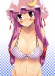 1girl bespectacled bikini breasts checkered checkered_background checkered_bikini cleavage cum cum_on_body cum_on_breasts cum_on_upper_body female glasses gradient_background hat huge_breasts large_breasts long_hair patchouli_knowledge purple_eyes purple_hair smile solo swimsuit teruteru-deru touhou