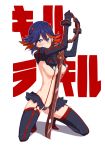 1girl background_text blue_eyes boots breasts clearite clenched_teeth copyright_name gloves hairpods highres horns kill_la_kill matoi_ryuuko midriff multicolored_hair navel planted_weapon red_hair revealing_clothes scissor_blade senketsu short_hair skirt solo squatting suspenders sword teeth thigh_boots thighhighs two-tone_hair underboob weapon