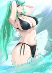 1girl 1girl 2022 alluring arms_up artist_signature beach big_breasts bikini black_bikini breasts female_only green_eyes green_hair hips long_hair long_ponytail nintendo outside patreon_username pneuma_(xenoblade) ponytail slim_waist thick_thighs thighs vialnite water wet wide_hips xenoblade_(series) xenoblade_chronicles_2