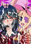 2girls after_rape black_hair blonde_hair blue_eyes blush bow bukkake cum cum_on_body cum_on_clothes cum_on_hair drill_hair eyepatch facial fingerless_gloves gloves hair_bow harime_nui kill_la_kill long_hair matoi_ryuuko multicolored_hair multiple_girls nail_polish pink_bow school_uniform senketsu short_hair smile tears two-tone_hair yuraputi