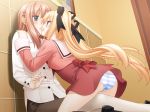 2girls against_wall age_difference art bare_legs bent_over blonde blonde_hair blue_eyes blush eye_contact fang female game_cg girl_on_top green_eyes hair hair_ribbon hairclip half-closed_eyes hand_on_shoulder houraisen_runa incipient_kiss legs light_brown_hair long_hair long_sleeves looking_at_another love multiple_girls naughty_face nervous open_mouth panties peko ribbon scared school_uniform shy sitting sitting_on_person skirt_lift smile sono_hanabira_ni_kuchizuke_wo striped striped_panties suminoe_takako sweat teacher teacher_and_student twintails very_long_hair yuri