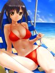 1girl beach bikini black_hair breasts brown_eyes cameltoe chair cleavage erect_nipples female k-on! long_hair lounge_chair nakano_azusa navel rasukaru red_bikini shade side-tie_bikini sitting solo swimsuit twintails untying