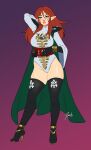  big_breasts bodysuit cape eldar elf elf_ears elf_female green_cape heeled_boots high_heels long_boots long_hair looking_at_viewer red_hair warhammer warhammer_(franchise) warhammer_40k 