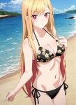  1girl ai_generated alluring beach bikini blonde_hair blue_sky kitagawa_marin nightcore_(artist) ocean pink_eyes sono_bisque_doll_wa_koi_wo_suru 