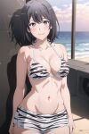  1girl alluring bare_legs beach big_breasts bikini bikini_shorts black_hair cleavage female light-skinned_female light_skin pale-skinned_female pale_skin pin_up purple_eyes silf striped_bikini takanentr yahari_ore_no_seishun_lovecome_wa_machigatteiru. yukinoshita_haruno 