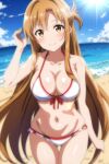 alluring asuna_(sao) auburn_eyes auburn_hair bare_legs beach big_breasts bikini blue_sky cleavage joker_(artist) ocean sword_art_online