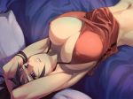  1girl armpits arms_behind_back arms_up bed big_breasts black_hair breasts brown_eyes brown_hair camisole cleavage erect_nipples female hair huge_breasts human large_breasts lying midriff navel on_back original pillow purple_eyes solo sun-3 