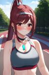 1girl alluring big_breasts cleavage glimmer_(xenoblade) miariashi nintendo red_eyes red_hair sports_bra track_and_field xenoblade_(series) xenoblade_chronicles_3