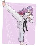 1girl 1girl absurd_res alluring alternate_costume artist_name barefoot belt big_breasts black_belt camilla_(fire_emblem) cleavage closed_mouth commentary dougi feet female_focus fire_emblem fire_emblem_fates fire_emblem_if full_body hair_over_one_eye high_res intelligent_systems karate kick kicking light_purple_hair long_hair looking_at_viewer martial_arts_belt motion_lines nintendo open_clothes purple_eyes raydango signature simple_background smile toes under_boob watermark