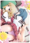  2girls bare_legs barefoot blonde_hair blue_hair brown_eyes feet female furutani_himawari girl_on_top goyacchi hair_ornament hairband hairclip long_hair lying multiple_girls o3o on_stomach oomuro_sakurako p-melon panties pantyshot pink_panties school_uniform serafuku short_hair soles toes translation_request underwear yellow_eyes yuru_yuri 