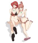 2_girls alluring arms_up big_breasts bikini blush breasts censored chest_jewel collarbone commentary dangle_earrings earrings feet full_body glimmer_(xenoblade) heel_up high_ponytail high_res jewelry kneepits legs long_hair looking_at_viewer medium_hair milf mitsugu mother_&_daughter multiple_girls navel nintendo open_mouth pyra red_eyes red_hair sandals shoe_soles sidelocks sitting swept_bangs swimsuit tiara white_background xenoblade_(series) xenoblade_chronicles_(series) xenoblade_chronicles_2 xenoblade_chronicles_3 xenoblade_chronicles_3:_future_redeemed