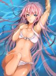 1girl arm_up armpits bare_shoulders bikini blue_eyes breast_squeeze breasts cleavage female frilled_bikini frills long_hair megurine_luka navel pink_hair settyaro solo swimsuit very_long_hair vocaloid water white_bikini white_swimsuit