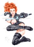 1girl actress anus armando_huerta ass avengers big_breasts black_widow blue_eyes bodysuit breasts celeb colorization female_only gauntlets gloves hips legs legwear lips long_hair marvel marvel_comics natasha_romanoff nipples pussy red_hair redhead scarlett_johansson shoes spread_legs stick thighs torn_clothes unzipped weapon