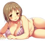 1girl aida_takanobu arm_support belly bikini blush bra breasts brown_eyes brown_hair cleavage female floral_print flower hair_ornament hairclip idolmaster large_breasts lying mimura_kanako navel on_side panties pink_bra pink_panties plump print_bra print_panties short_hair simple_background solo swimsuit underwear underwear_only white_background