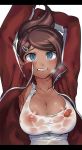 1girl armpits arms_up asahina_aoi blue_eyes breasts brown_hair cleavage danganronpa danganronpa_1 dark_skin female huge_breasts jacket nanboku nipples no_bra open_clothes open_jacket solo torn_clothes track_jacket wet wet_clothes