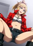 black_boots black_shorts blonde_hair cameltoe fate/apocrypha fate/grand_order fate_(series) green_eyes looking_at_viewer mordred_(fate) non-nude shiny_skin short_hair smile spread_legs