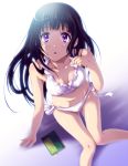 1girl :o bare_legs bikini black_hair book breasts chitanda_eru cleavage female from_above hyouka knees_together_feet_apart knees_touching legs long_hair looking_at_viewer looking_up navel purple_eyes shian_(my_lonly_life.) sitting swimsuit