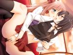  2girls ayase_miya azumi_risa black_hair blue_eyes eye_contact fingering fingering_from_behind futanari looking_at_another multiple_girls peko pink_hair reach-around reach_around red_eyes saliva sono_hanabira_ni_kuchizuke_wo spread_legs thighhighs through_panties tongue upskirt yuri 