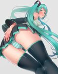 1girl ama_mitsuki aqua_eyes aqua_hair ass bare_shoulders bent_over black_legwear blue_striped_panties blush breasts cameltoe detached_sleeves erect_nipples female_only from_behind hair_ornament lips long_hair looking_at_viewer miku_hatsune panties pantyshot shimapan simple_background skindentation solo_female striped striped_panties twin_tails underwear upskirt vocaloid