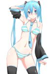 1girl aqua_eyes aqua_hair bikini blue_striped_bikini blush cameltoe detached_sleeves erect_nipples female_only futanari high_res looking_at_viewer mujakuma necktie striped striped_bikini striped_swimsuit swimsuit twin_tails vocaloid