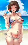 beach bikini blush breasts brown_eyes brown_hair clothed clothing edit kawakami_sadayo light-skinned_female light_skin looking_at_viewer matching_hair/eyes naughty_face navel outside persona persona_5 popsicle portrait queen_of_hearts queen_of_hearts_tattoo sadayo_kawakami short_hair swimwear tattoo tattoo_edit thick_thighs thighs third-party_edit three-quarter_portrait