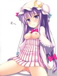 1girl :< arm_support blush bow breasts breasts_outside crescent female hair_bow hat hat_bow long_hair nightgown nipples no_panties patchouli_knowledge purple_eyes purple_hair sitting solo touhou yako