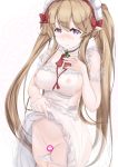  1girl apron breasts brown_hair censored elf female long_hair maid_headdress minisuka_to_niku_daigaku myucel_foalan myucel_foaran naked_apron nipples outbreak_company panties panty_pull pointy_ears purple_eyes see-through skirt skirt_lift twintails underwear 