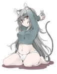 1girl akagashi_hagane alternate_hair_length alternate_hairstyle animal_ears barefoot blush breasts female grey_hair long_hair mouse mouse_ears mouse_tail nazrin no_pants panties red_eyes ribbed_sweater simple_background solo sweater tail touhou underwear white_background white_panties