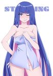 1girl ;p artist_request big_breasts blue_eyes blue_hair blush breasts character_name cleavage cowboy_shot female female_only gluteal_fold hand_on_hip large_breasts long_hair mound_of_venus multicolored_hair naked_towel one_eye_closed panty_&_stocking_with_garterbelt pink_hair simple_background smile solo stocking_(psg) stocking_anarchy thighs tongue tongue_out towel two_tone_hair white_background wink