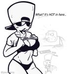  1girl almost_naked ass bald belly big_breasts black_eyes black_panties blush blush_lines curvy emoji female_focus hat jace_(jacefunny) jacefunny jacethefunny lifting_shirt line_art male meme monochrome panties shirt showing_off suggestive talking_to_viewer thighs top_hat 