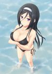 1girl bad_feet barefoot big_breasts bikini black_bikini black_hair botan_m breast_hold breasts cleavage crossed_arms feet_in_water female foreshortening from_above hairband hyouka irisu_fuyumi large_breasts long_hair multiple_girls partially_submerged perspective purple_eyes side-tie_bikini soaking_feet solo swimsuit wading water wet