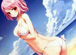 1girl ass beach bikini blush breasts highres ke-ta looking_at_viewer pink_eyes pink_hair saigyouji_yuyuko scan short_hair sky smile solo swimsuit touhou white_bikini white_swimsuit