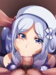  1girl :&gt;= aila_jyrkiainen beret blue_eyes cheek_bulge fellatio fur_trim futanari gundam gundam_build_fighters hat long_hair oral pantyhose penis pov silly_(marinkomoe) uncensored white_hair 