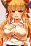 1girl alternate_breast_size blush bracelet breast_hold breasts bust cleavage covered_nipples dress_shirt erect_nipples fang female horns ibuki_suika jewelry large_breasts long_hair looking_at_viewer nishiuri open_clothes open_mouth open_shirt orange_eyes orange_hair pointy_ears rough shirt sketch smile solo touhou unbuttoned upper_body