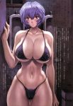 bathroom bikini black_bikini blue_hair blush breasts cameltoe cleavage erect_nipples female huge_breasts micro_bikini mogudan navel neon_genesis_evangelion pubic_hair puffy_nipples red_eyes rei_ayanami scan short_hair solo swimsuit thigh_gap thighs translated urinal wide_hips