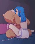 1girl animated bed blue_eyes blue_hair blush diaper diaper_only ear_piercing female_only gif hair hugging humping lazyblazy long_hair masturbation orgasm piercing pillow plushie vibrator watermark