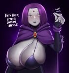  1girl 1girl 1girl big_breasts big_breasts bikini bikini_top bursting_breasts cleavage cloak dc_comics female_only huge_breasts joylewds looking_at_viewer navel purple_hair raven_(dc) short_hair teen_titans voluptuous 