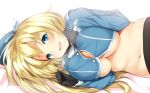  1girl atago_(kantai_collection) big_breasts black_gloves blonde_hair blush breasts female female_only gloves green_eyes hat kantai_collection long_hair looking_at_viewer lying military military_uniform on_side open_mouth pantyhose pokachu pokachu_(pixiv_725780) pokachurorichu shiny shiny_skin smile solo_female underboob uniform 