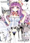  ! 1girl blue_panties book breasts crescent dress dress_lift female garter_belt hat long_hair looking_at_viewer mugicha0929 panties patchouli_knowledge purple_eyes purple_hair solo spoken_exclamation_mark striped striped_dress thighhighs touhou underwear white_legwear 