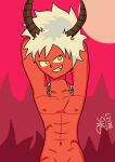  1boy artist_name demon demon_boy demon_horns hands_behind_head horns male_only red_body red_skin self_upload sexy_body smgbullet solo_male white_hair yaoi yellow_eyes 