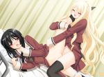  2_girls 2girls art black_hair blonde_hair blush bottomless brown_eyes censored clothed_sex dutch_angle female_orgasm game_cg high_res highres kirishima_shizuku long_hair moaning multiple_girls no_panties orgasm panties panties_around_leg panties_around_one_leg peko pussy_juice school_uniform sex shitogi_elis shitogi_eris sono_hanabira_ni_kuchizuke_wo thighhighs tribadism unbuttoned underwear yuri zettai_ryouiki 