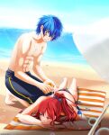  beach bikini_top_removed blue_hair blush embarassed erza_scarlet fairy_tail jellal_fernandes laying_on_stomach medium_breasts red_hair sunbathing wholesome 