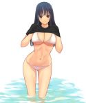  1girl akiyama_mio bad_id bikini black_hair breasts brown_eyes cleavage curvy derivative_work female highres k-on! kamimiya large_breasts long_hair navel shirt_lift smile solo swimsuit wading water white_bikini white_swimsuit 