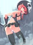 1girl alternate_breast_size ass belt black_gloves black_legwear blush boots breasts censored gloves hat highres jakuzure_nonon kill_la_kill knife looking_at_viewer looking_back michairu nipples nonon_jakuzure novelty_censor nude nudist_beach_uniform open_mouth pink_eyes pink_hair rain shako_cap shiny shiny_skin skindentation solo thigh_boots thighhighs