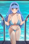  1girl alluring alternate_costume alternate_hairstyle bangs bare_legs bare_shoulders big_breasts bikini blue_bikini blue_hair blue_swimsuit blush breasts brown_eyes camilitrox_cr cleavage climbing collarbone eyelashes female_only fire_emblem fire_emblem:_three_houses fire_emblem_warriors:_three_hopes high_res legs long_hair looking_at_viewer marianne_von_edmund medium_breasts navel nintendo official_alternate_hairstyle on_one_knee pool pool_ladder smile swimming_pool swimsuit water 